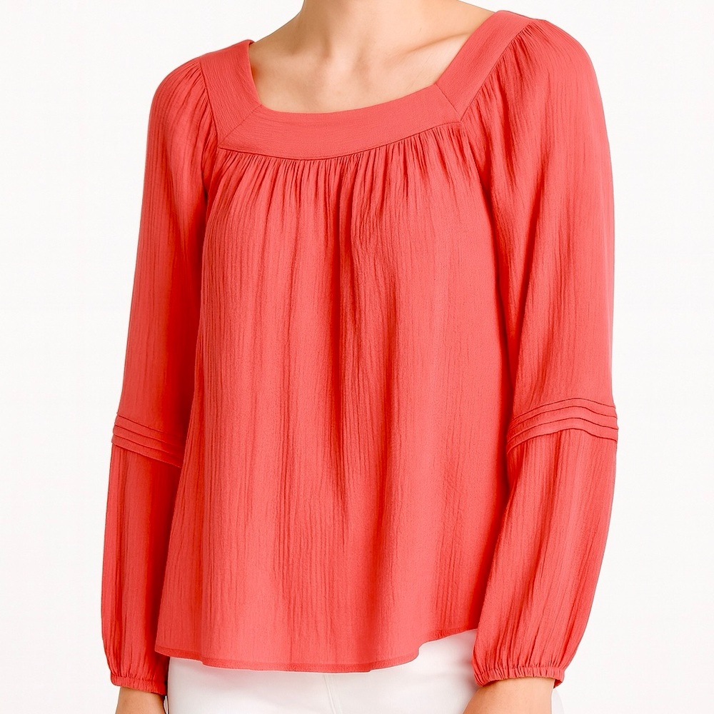 Womens Shirt Size Small Lauren Conrad Coral Sheer Crepe Square Neck Long Sleeves
